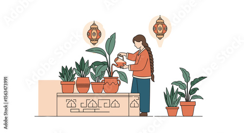 A person is carefully watering a variety of houseplants that are arranged on a shelf and on the floor