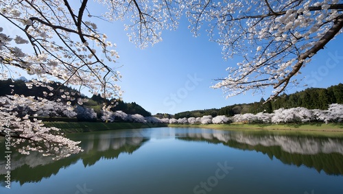 Wallpaper Mural Beautiful cherry blossom trees reflecting in lake water scenic landscape nature photo Torontodigital.ca