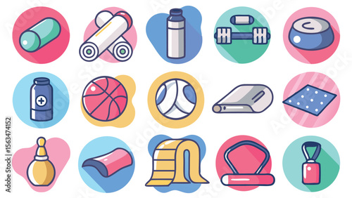 Collection of various fitness and sports equipment icons including balls weights and yoga accessories shown here
