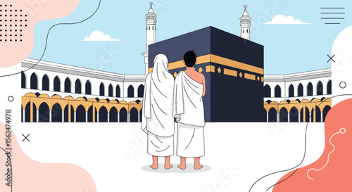 Pilgrims Wearing Ihram Attire Gaze Towards the Kaaba at the Grand Mosque During Hajj Rituals