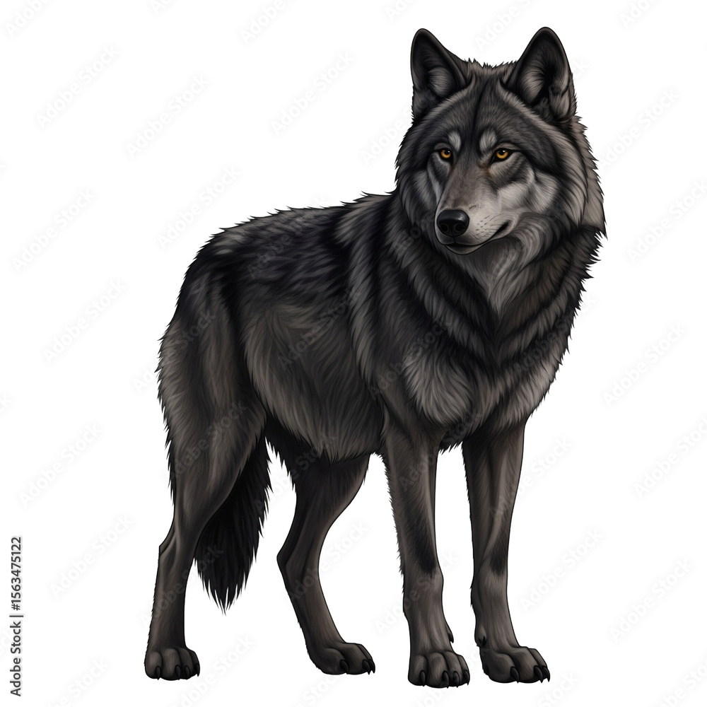 Fototapeta premium Regal Grey Wolf with Intense Yellow Eyes Isolated on png Background - Full Body Digital Illustration of a Wild Canine