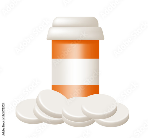 Pill bottle and pills. Vector 3d illustration isolated on white background.