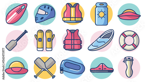 Illustration of various water sports and safety equipment including life vests and a rescue surfboard item set