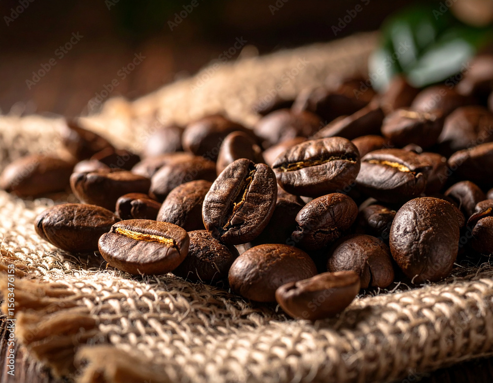 Fototapeta premium A close-up of Zambian coffee beans, dark and roasted, scattered on a burlap sack, indicating rich aroma.