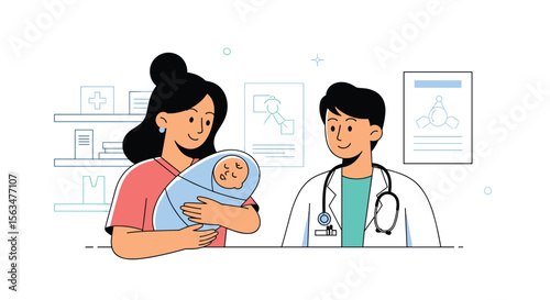 A Caring Mother and Her Newborn Baby Receive Expert Medical Advice From a Compassionate Pediatric Doctor During a Routine Checkup in a Bright Modern Clinic