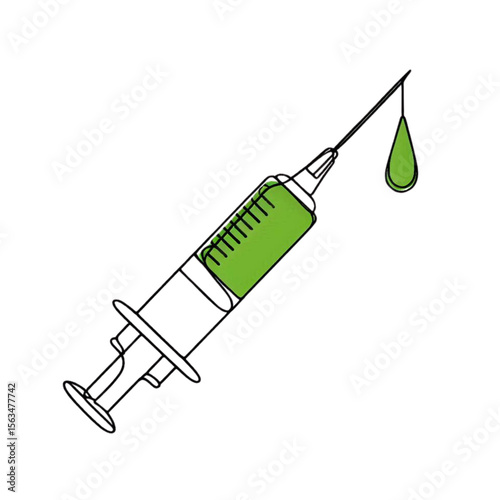 Graphic presentation of a syringe with green liquid, ideal for healthcare, medical, or pharmaceutical themed projects and designs.