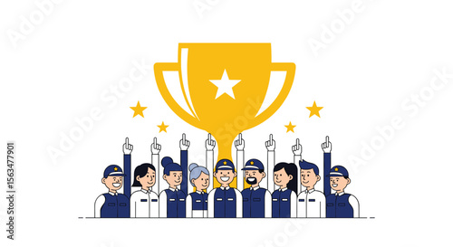 Celebrating Team Success A Group of Diverse People Holding Up a Golden Trophy Under Sparkles and Stars Showing Achievement and Victory