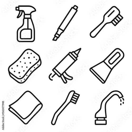 Backsplash Cleaning Icons. Outline style icons of Backsplash & Tile Splash Zone: tile cleaner spray, grout pen, small brush,