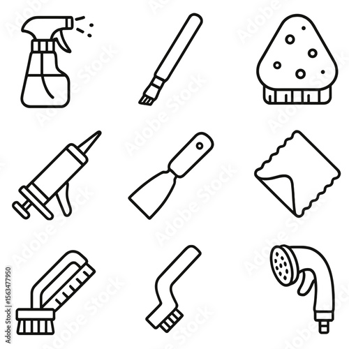 Backsplash Cleaning Icons. Outline style icons of Backsplash & Tile Splash Zone: tile cleaner spray, grout pen, small brush,