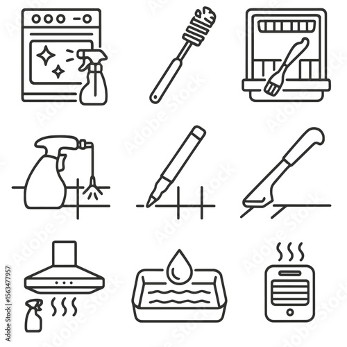 Seasonal Kitchen Cleaning Tools. Outline style icons of Seasonal Deep Kitchen Clean: oven door cleaner, refrigerator coil brush,