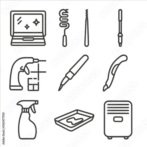 Seasonal Kitchen Cleaning Tools. Outline style icons of Seasonal Deep Kitchen Clean: oven door cleaner, refrigerator coil brush,