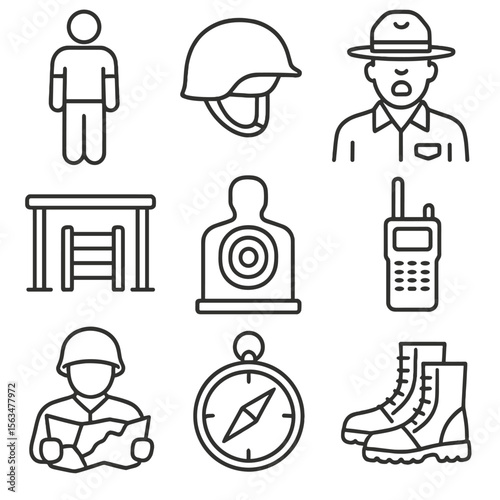 Military Training Icons. Outline style icons of Military Training: soldier figure, helmet, drill instructor, obstacle course,