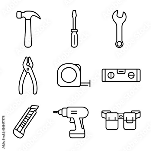 Hand Tool Icons. Outline style icons of Hand Tools: hammer, screwdriver, wrench, pliers, tape measure, level, utility knife, drill