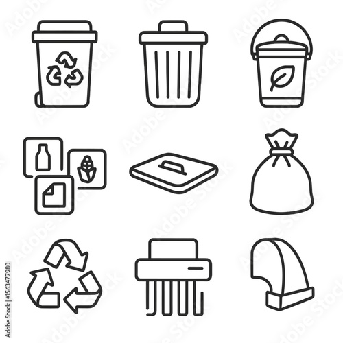 Recycling Icons Collection. Outline style icons of Recycling & Waste: recycling bin, trash can, compost pail, sorting labels, bin
