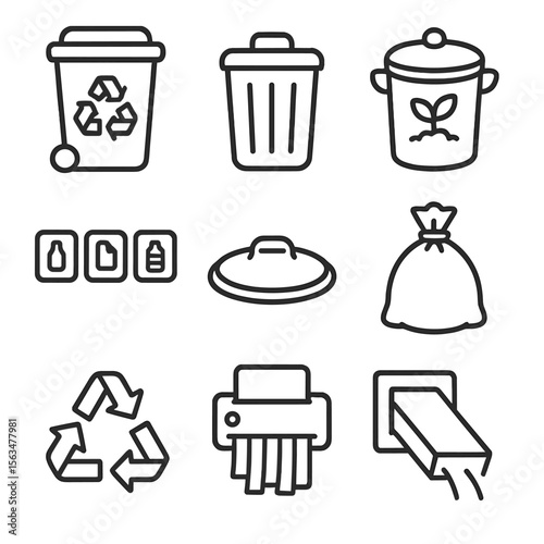 Recycling Icons Collection. Outline style icons of Recycling & Waste: recycling bin, trash can, compost pail, sorting labels, bin