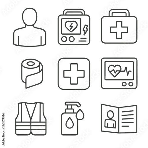 First Aid Icons. Outline style icons of First Aid Training: CPR dummy, defibrillator, first aid kit, bandage roll, medical cross,