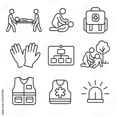 Paramedic Drill Icons. Outline style icons of Paramedic Drill: stretcher carry, first aid response, trauma bag, EMT logo, gloves