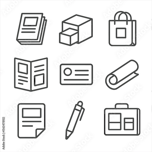 Trade Show Icons. Outline style icons of trade show materials: brochure stack, product sample, giveaway bag, catalog, business