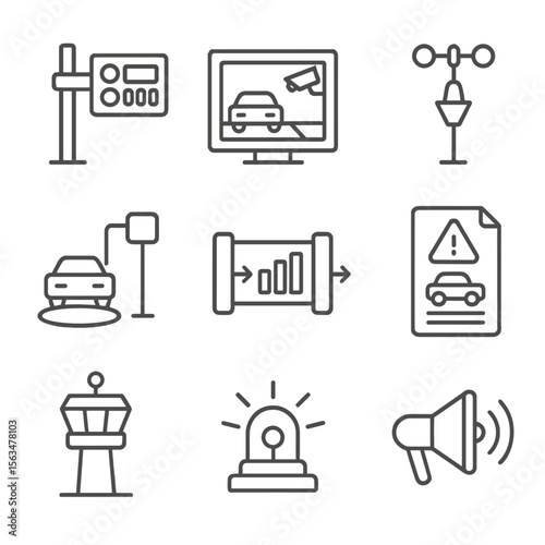 Traffic Management Icons. Line style icons of traffic management monitoring: traffic counter, video screen, data logger, weather