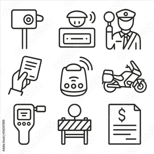 Traffic Management Icons. Line style icons of traffic management enforcement: speed camera, license plate reader, police
