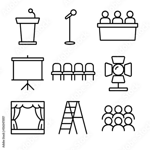 Trade Show Icons. Outline style icons of trade show stages: podium, microphone stand, speaker panel, projector screen, seating row