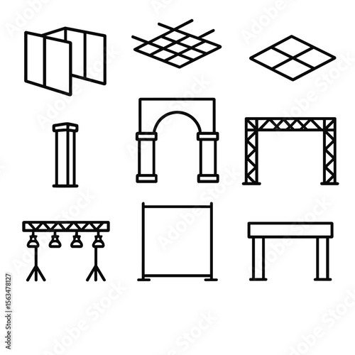 Trade Show Structure Icons. Outline style icons of trade show structure: partition wall, ceiling grid, floor tile, support beam,