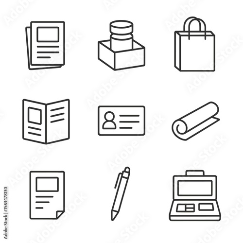 Trade Show Icons. Outline style icons of trade show materials: brochure stack, product sample, giveaway bag, catalog, business