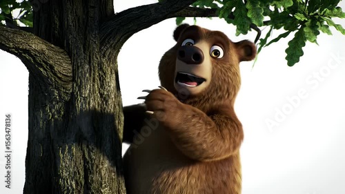 An animated bear peeks around a tree, smiling with large eyes and expressive features, holding onto the trunk. The leaves provide a natural background