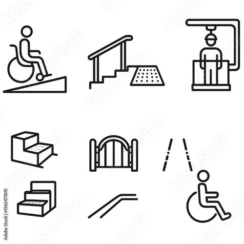 Trackside Accessibility Icons. Outline style icons of trackside facility accessibility: ramp access, handrail, tactile paving,