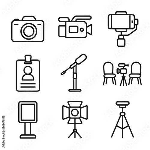 Trade Show Media Icons. Outline style icons of trade show media: photo camera, video recorder, live stream rig, press badge,