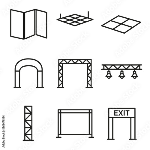 Trade Show Structure Icons. Outline style icons of trade show structure: partition wall, ceiling grid, floor tile, support beam,