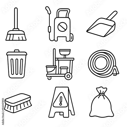 Cleaning Icons Outline. Outline style icons of trackside facility cleaning: broom, pressure washer, debris scoop, trash bin,