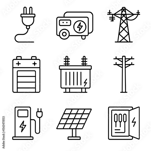 Trackside Power Icons. Outline style icons of trackside facility power: power cable, generator, overhead line, battery pack,