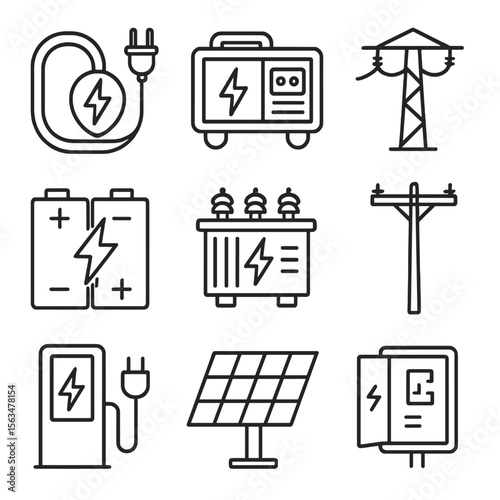 Trackside Power Icons. Outline style icons of trackside facility power: power cable, generator, overhead line, battery pack,