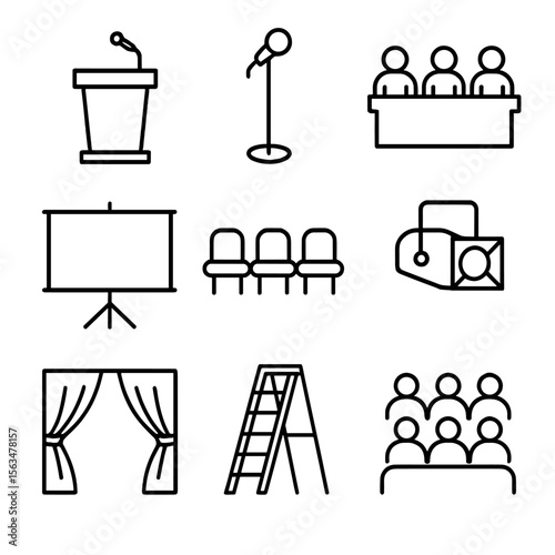 Trade Show Icons. Outline style icons of trade show stages: podium, microphone stand, speaker panel, projector screen, seating row