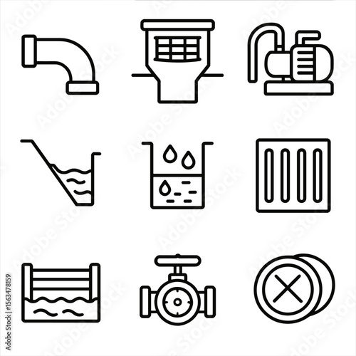 Trackside Drainage Icons. Outline style icons of trackside facility drainage: drainage pipe, catch basin, water pump, runoff