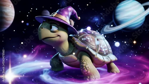 An adorable turtle wearing a wizard's hat in a fantasy space environment with stars and planets, the shell is decorated with constellations