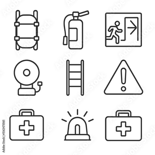 Trackside Safety Icons. Outline style icons of trackside facility emergency: rescue stretcher, fire extinguisher, evacuation route