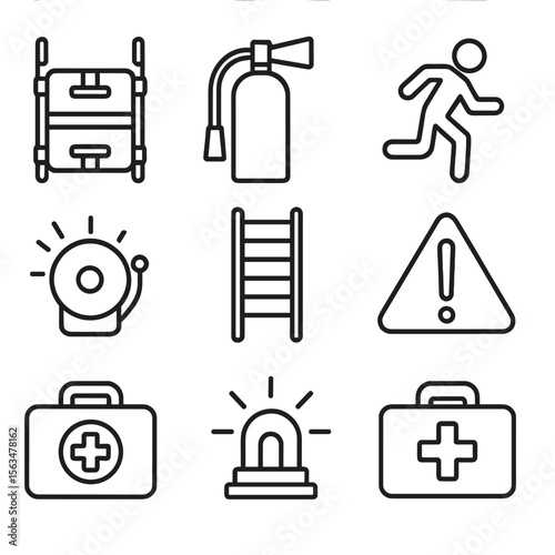 Trackside Safety Icons. Outline style icons of trackside facility emergency: rescue stretcher, fire extinguisher, evacuation route