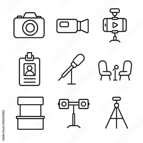 Trade Show Media Icons. Outline style icons of trade show media: photo camera, video recorder, live stream rig, press badge,