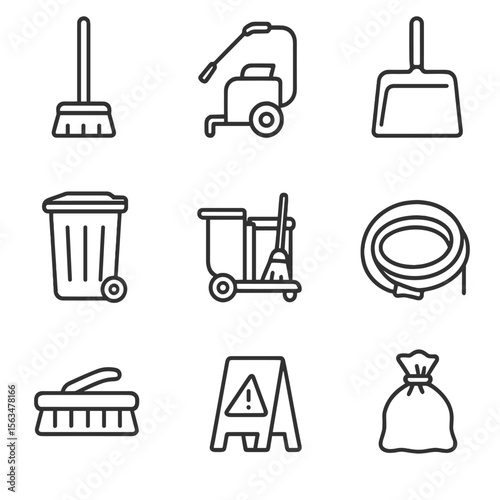 Cleaning Icons Outline. Outline style icons of trackside facility cleaning: broom, pressure washer, debris scoop, trash bin,