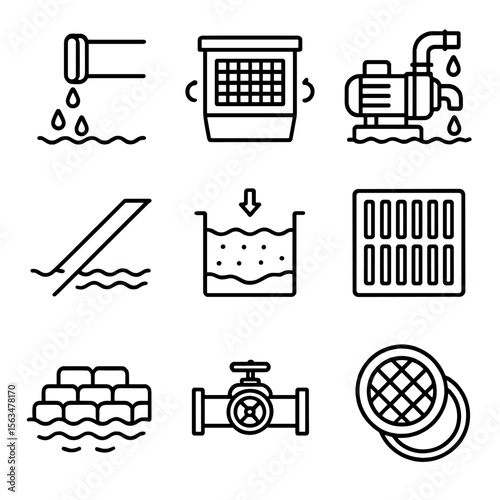 Trackside Drainage Icons. Outline style icons of trackside facility drainage: drainage pipe, catch basin, water pump, runoff
