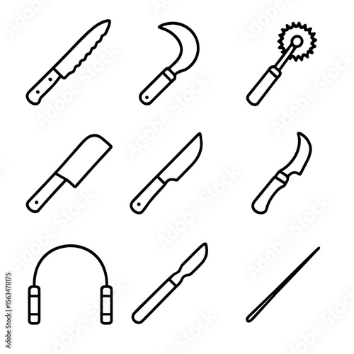 Outline Torment Blades. Outline style icons of torment implements blades: serrated knife, curved blade, slicing wheel, skinning