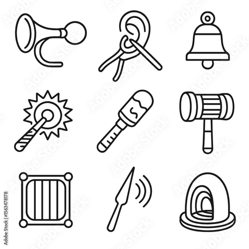 Sound Torture Icons. Outline style icons of torment implements sound: noise horn, ear tormentor, bell clapper, screech device,