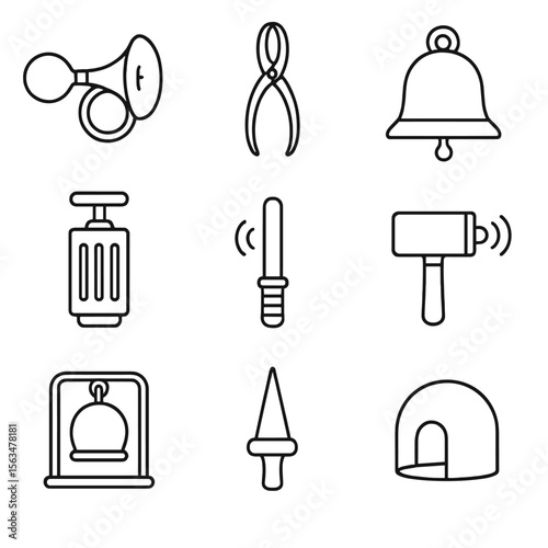 Sound Torture Icons. Outline style icons of torment implements sound: noise horn, ear tormentor, bell clapper, screech device,