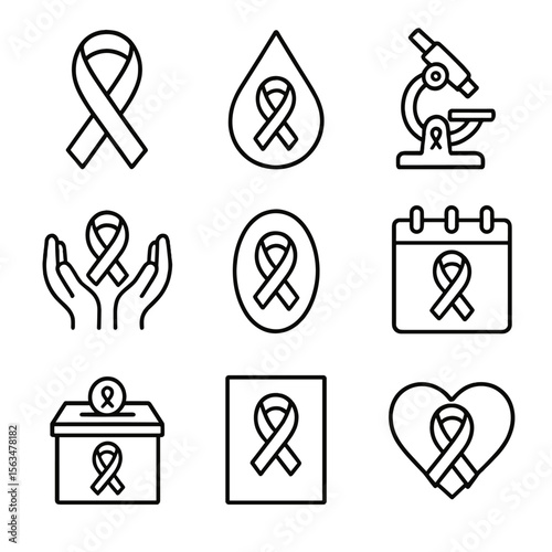 Heart Disease Awareness Icons. Line style icons of Heart Disease Awareness Ribbon: ribbon loop, blood drop icon, microscope lens,