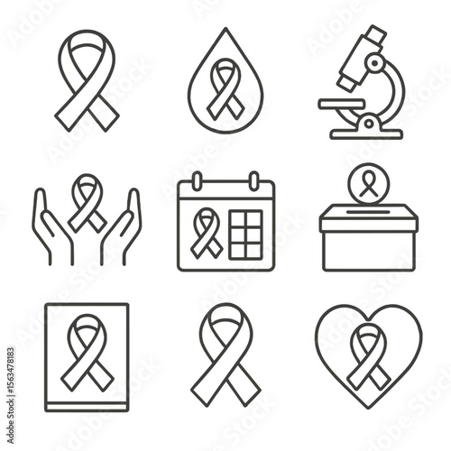 Heart Disease Awareness Icons. Line style icons of Heart Disease Awareness Ribbon: ribbon loop, blood drop icon, microscope lens,