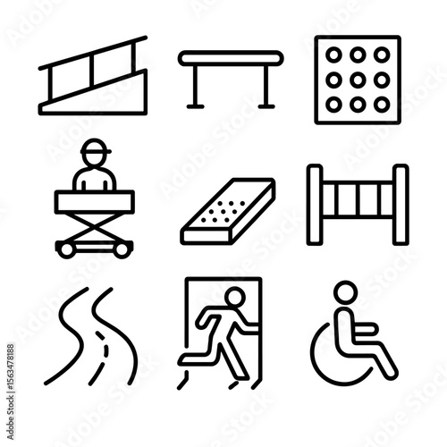 Trackside Accessibility Icons. Outline style icons of trackside facility accessibility: ramp access, handrail, tactile paving,