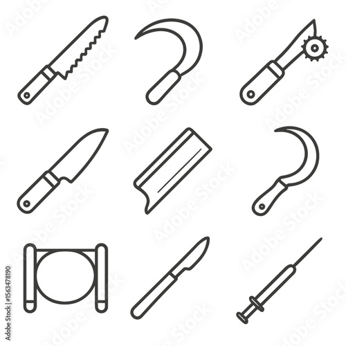 Outline Torment Blades. Outline style icons of torment implements blades: serrated knife, curved blade, slicing wheel, skinning