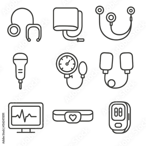 Cardiology Clinic Icons. Line style icons of Cardiology Clinic Devices: stethoscope chest piece, sphygmomanometer cuff, ECG lead